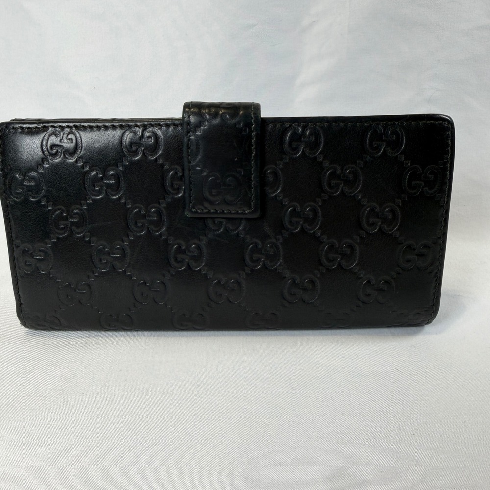 Gucci Guccissima Continental Wallet Womens OS Black Leather Bifold Gold Plate - Picture 2 of 11